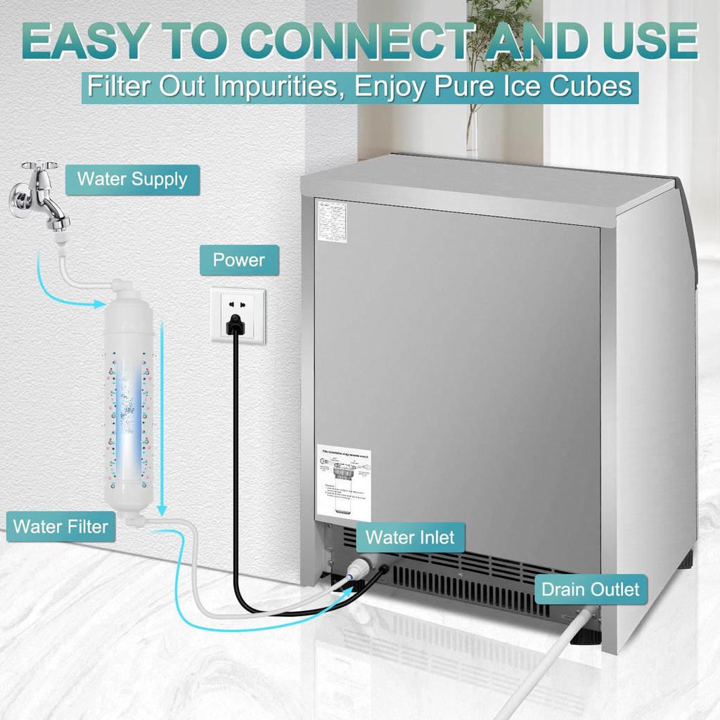 Commercial Ice Maker Machine 250 Lbs/24H, 35 Lbs Ice Bin, Undercounter Ice Maker Stainless Steel, 72 Ice Cubes/8-15 Min, Ice Machine with Water Line and Filter, Set Ice Thickness, 24H Timer, Bar, Café