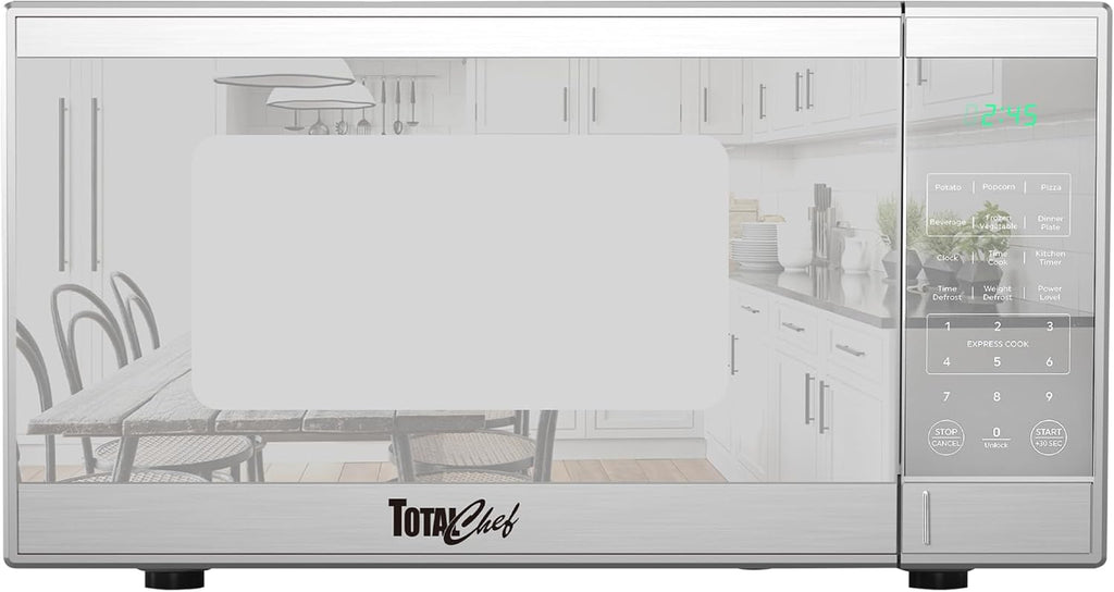 Total Chef 0.9 Cu Ft Microwave Oven – Compact Countertop Kitchen Appliance, Small Stainless Steel Microwave with Digital Touch, Pre-Set Functions, 10.6” Turntable, 900 Watt