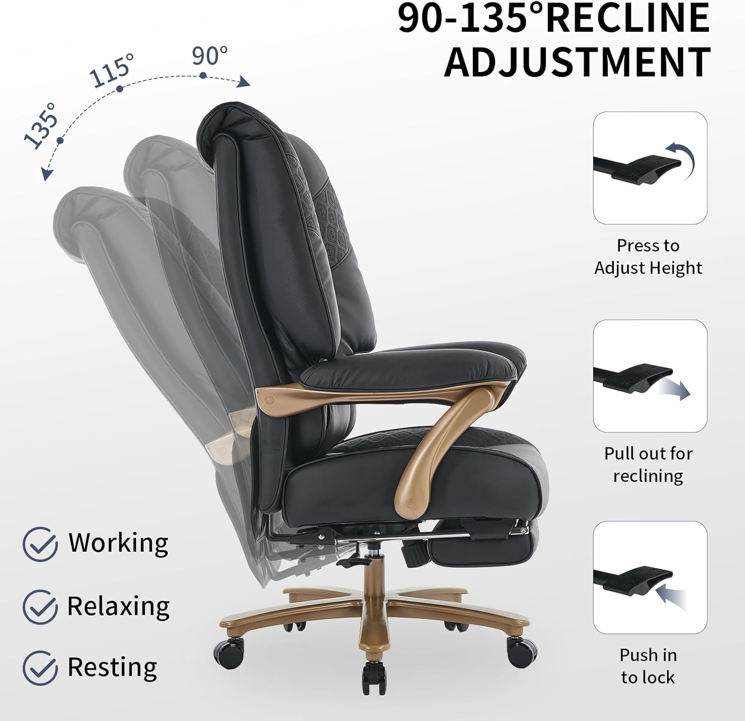 Big and Tall Executive Office Chair with Footrest, 400LBS Capacity Ergonomic High-Back Desk Office Chair with Lumbar Support, Padded Armrests & Thick Cushion, Black PU Leather Chairs
