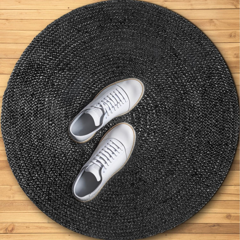 GRUHUM Jute Area Rug10ft Natural Fiber Round Black Handwoven Boho Farmhouse Rustic Vintage Soft Braided Reversible EcoFriendly Rugs for Indoor Kitchen Bedroom Living Room Hallways (10' ft Round)