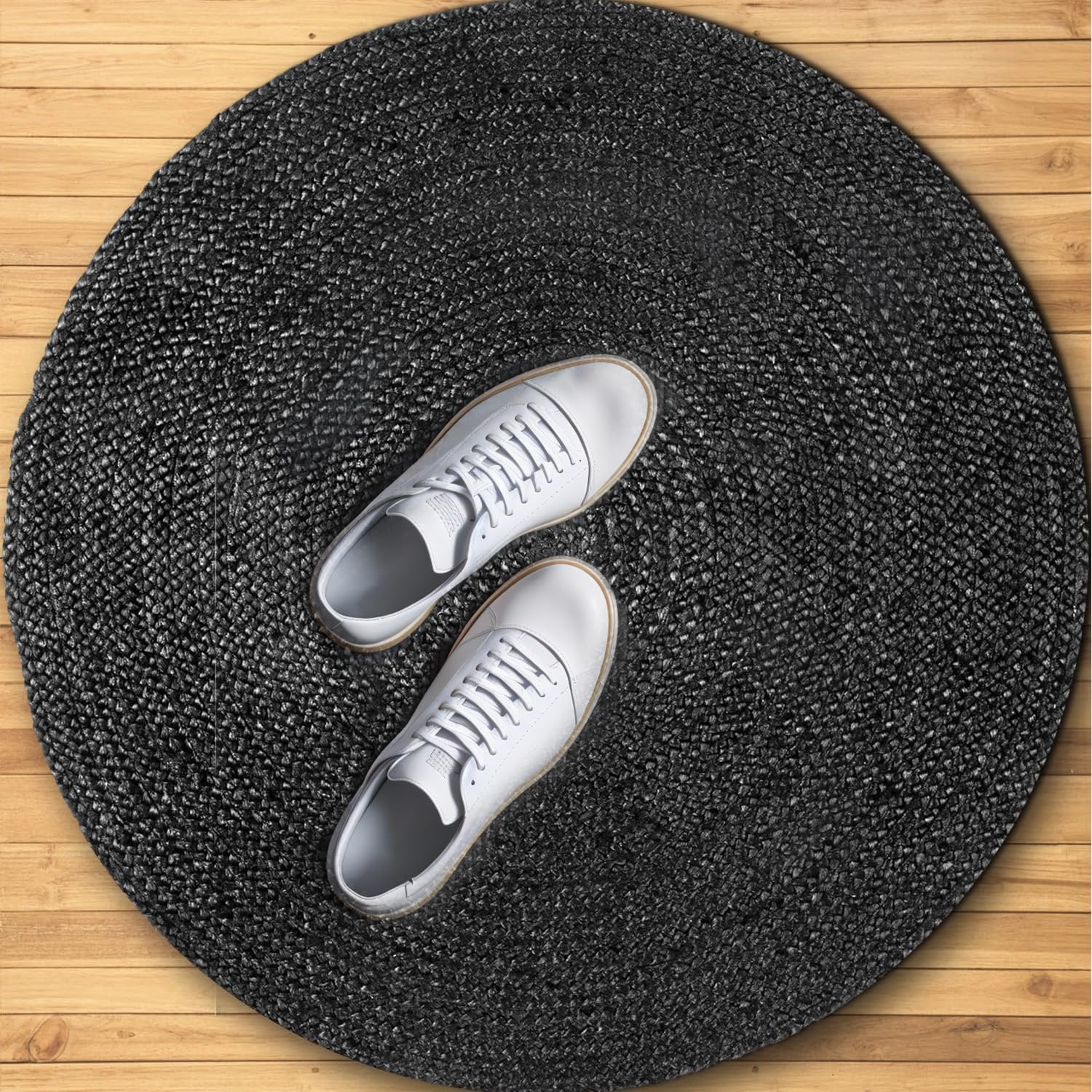 GRUHUM Jute Area Rug10ft Natural Fiber Round Black Handwoven Boho Farmhouse Rustic Vintage Soft Braided Reversible EcoFriendly Rugs for Indoor Kitchen Bedroom Living Room Hallways (10' ft Round)