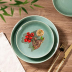 GBHOME Dinnerware Sets with Double Bowls for 6, 24 Pieces Stoneware Plates and Bowls Set, Scratch Resistant Ceramic Dishes Set, Dishwasher & Microwave Safe-Malachite Green