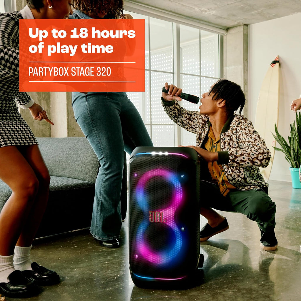 JBL PartyBox Stage 320 - Portable Party Speaker with Telescopic Handle & Wide  Sturdy Wheels  Powerful JBL Pro Sound  Futuristic lightshow  Up to 18 Hours of Play time  Splash Proof (Black)