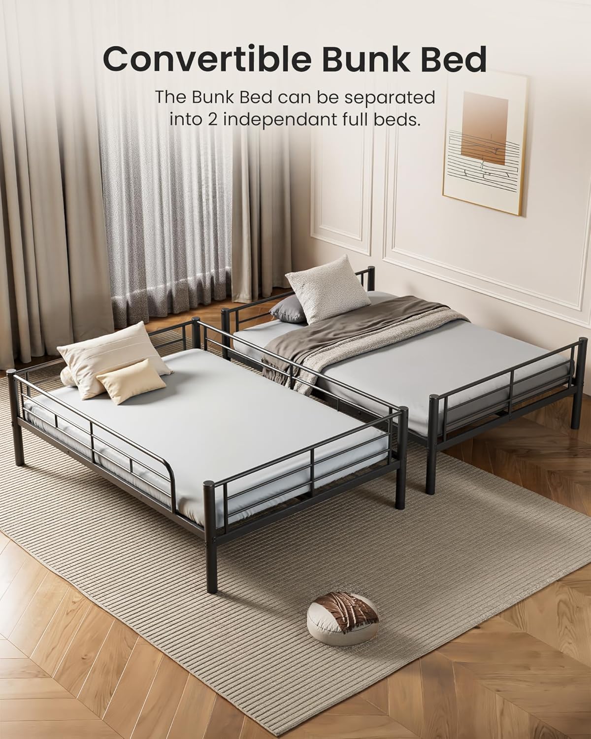 Full Over Full Metal Bunk Bed for Adults & Kids, Convertible to 2 Separate Full Size Beds, Heavy Duty Bunk Bed Frame with Full-length Guardrail & EVA Padded Ladder, No Box Spring Needed, Black