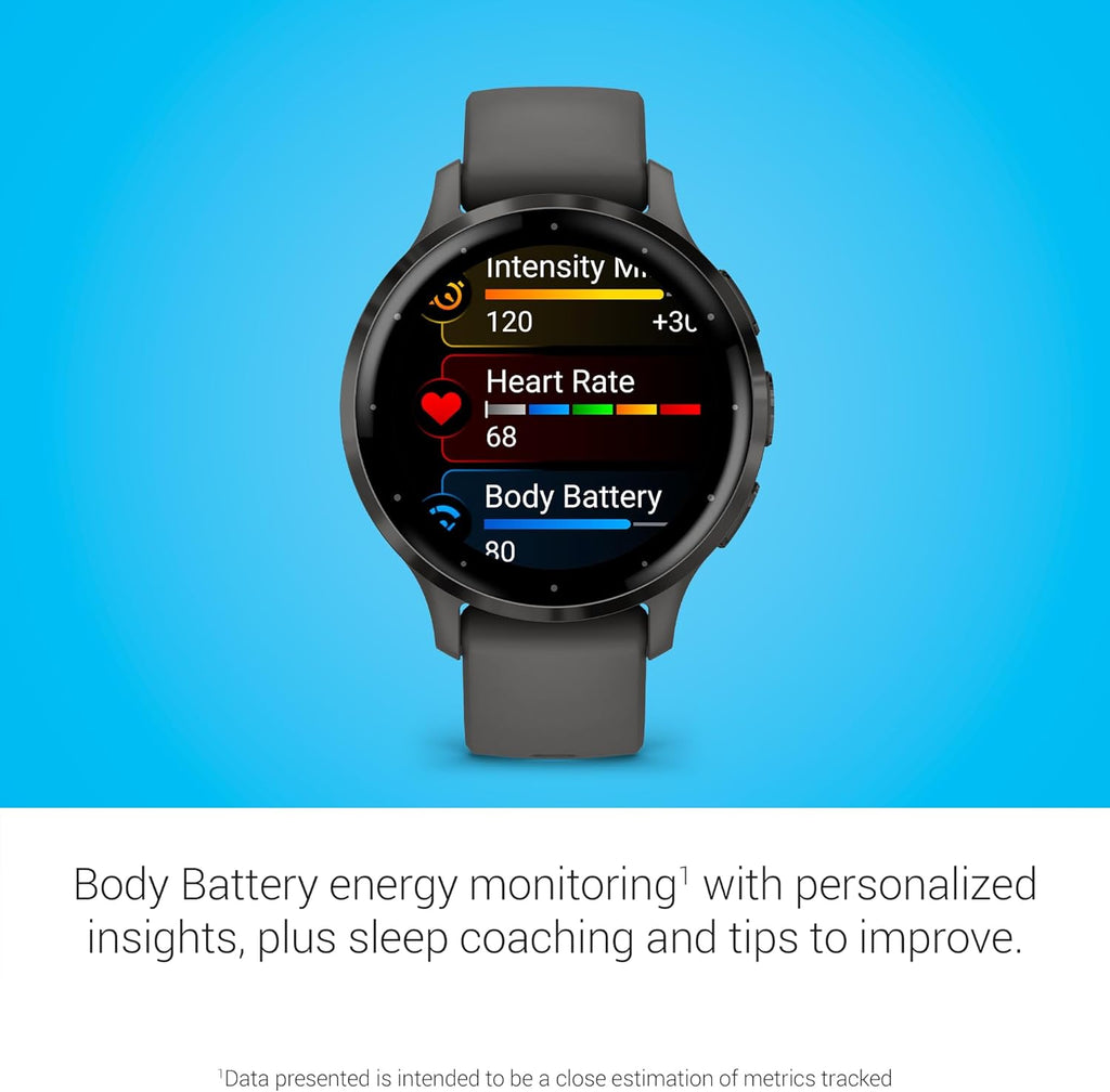 Garmin Venu 3S Running GPS Smartwatch with AMOLED Display  Advanced Health  Fitness Features  Up to 14 Day Battery Life with Signature Series Modern Power Stand | Slate with Pebble Gray Silicone Band