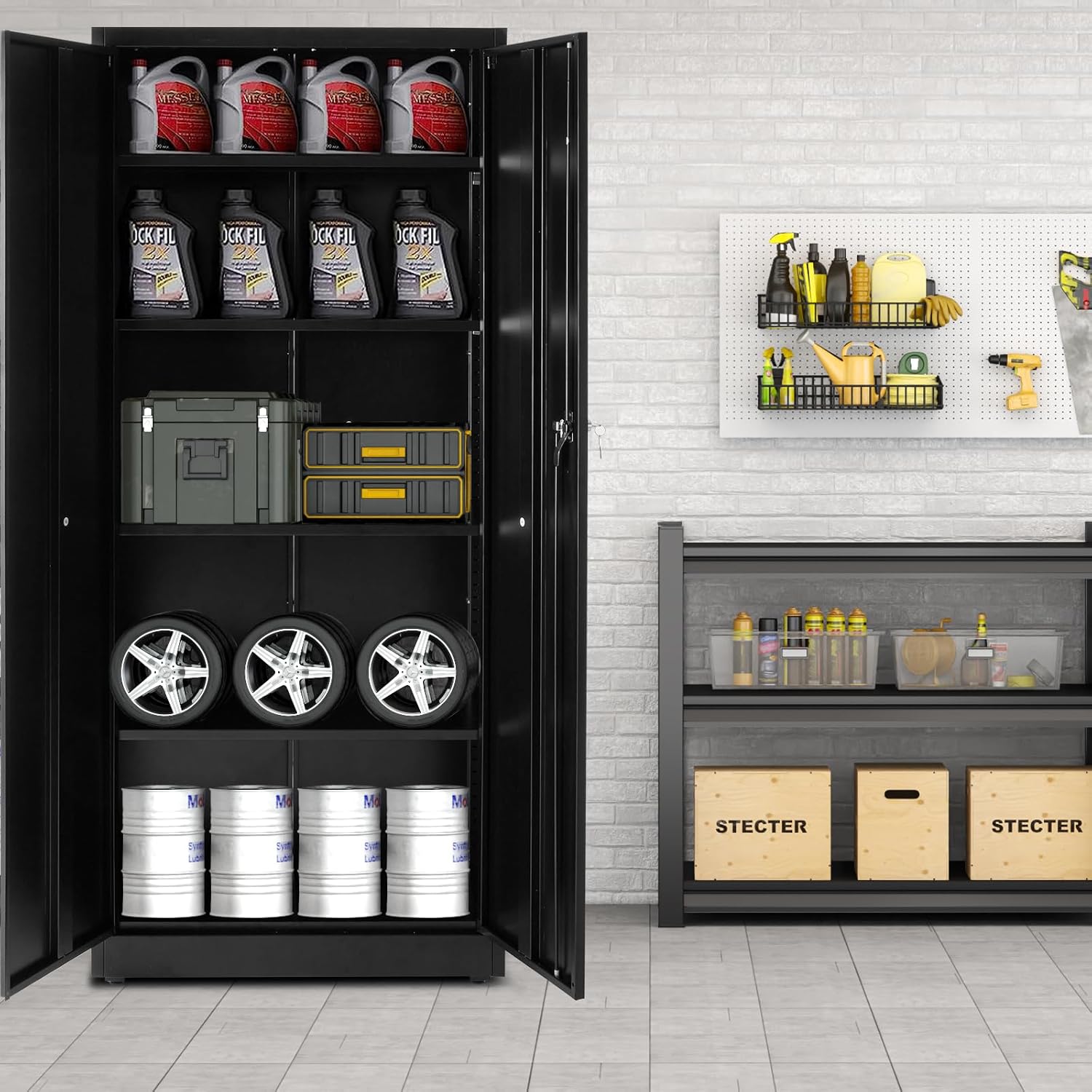 DUMOS Metal Storage Cabinet, 71" Locking Steel Storage Cabinet with 2 Doors and 5 Shelves, Tall Steel Cabinet for Garage, Home, Office, Gym,School, Black