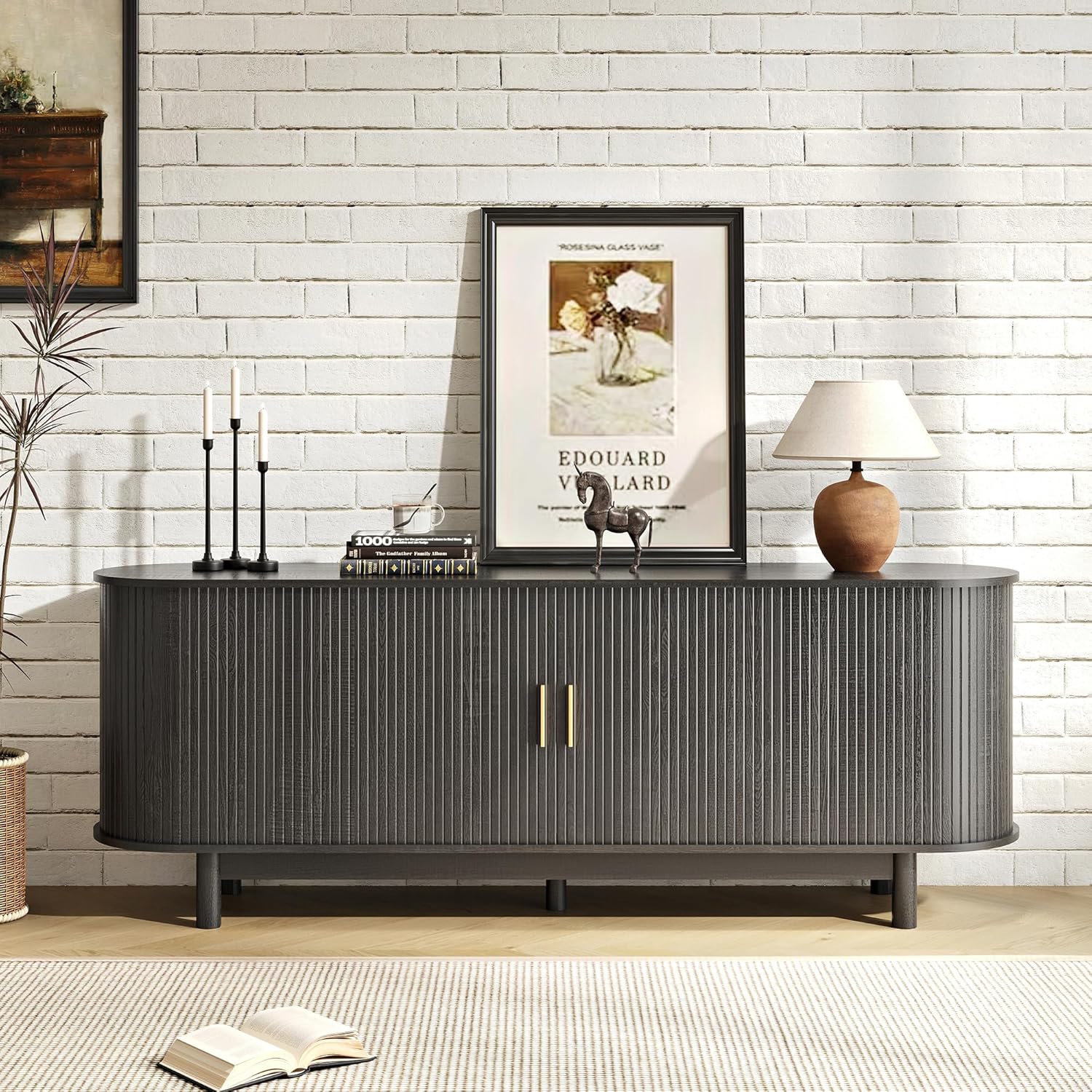 70 Inch Modern Fireplace TV Stand for TVs up to 80 inches, Mid Century TV Console with Solid Wood Legs, Sliding Doors & Curved Design,Media Console for Living Room, Black