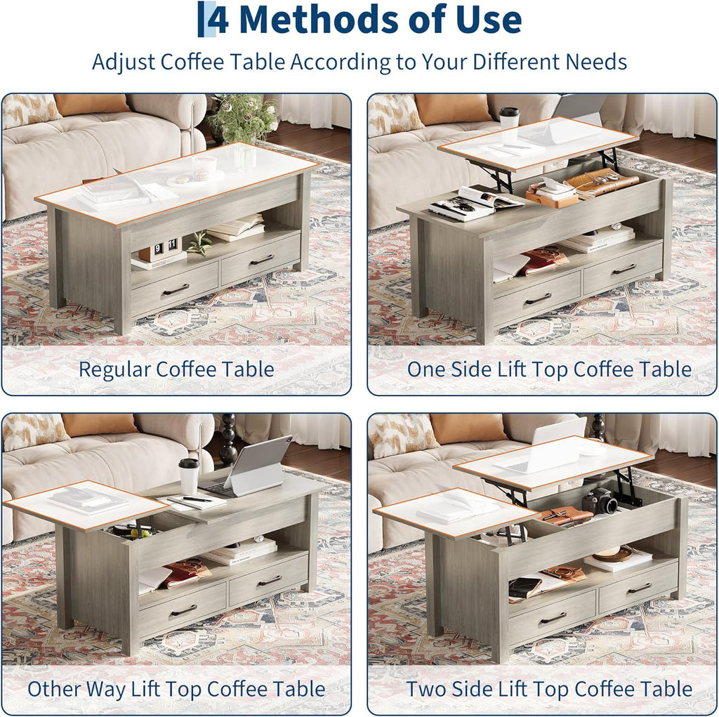 GarveeHome Coffee Table Lift Top, Convertible Coffee Table with Wooden Lift Tabletop, 2 Drawers and Hidden Compartment, Central Table with Storage for Living Room Home Office, Grey
