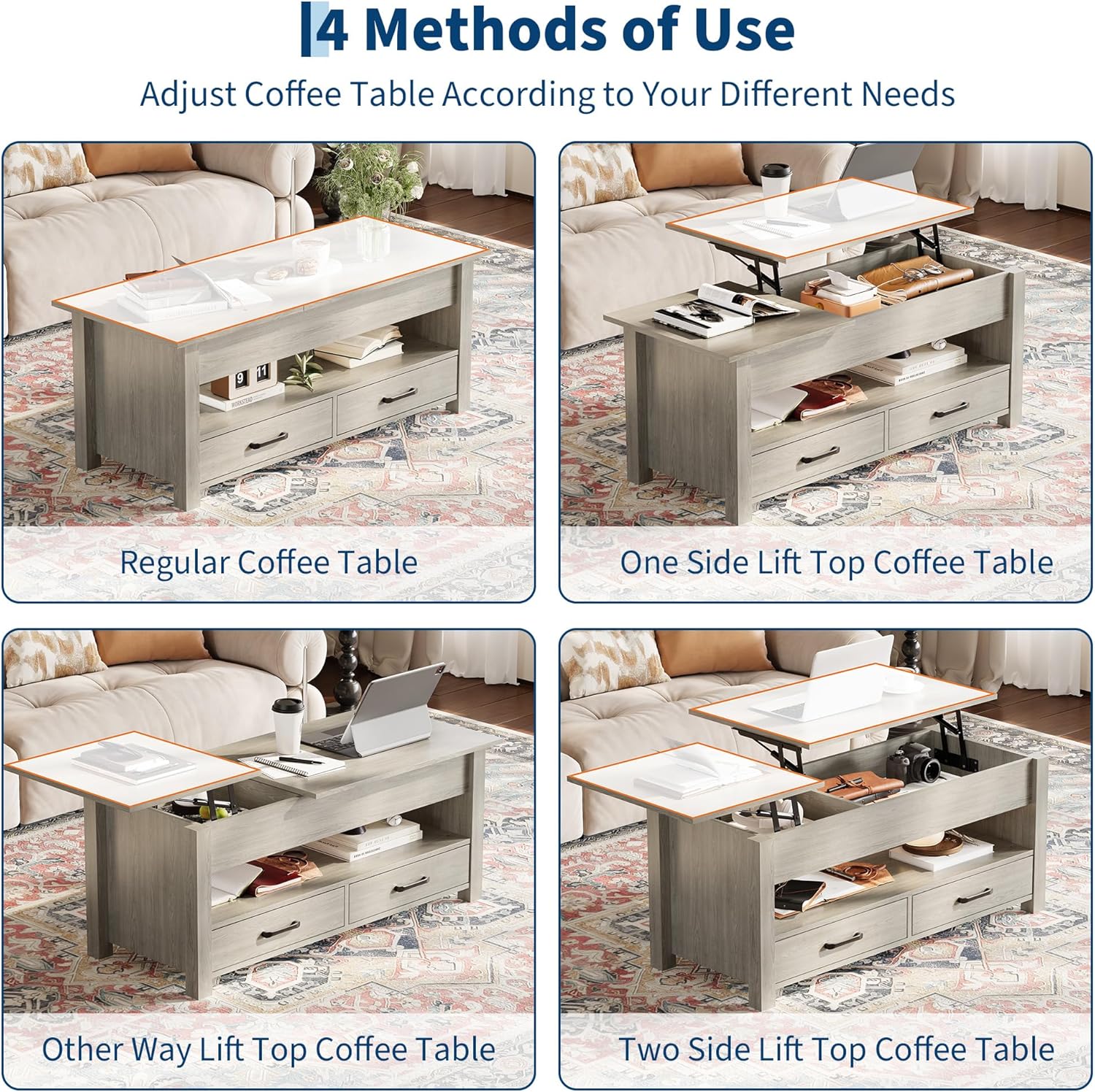 GarveeHome Coffee Table Lift Top, Convertible Coffee Table with Wooden Lift Tabletop, 2 Drawers and Hidden Compartment, Central Table with Storage for Living Room Home Office, Grey