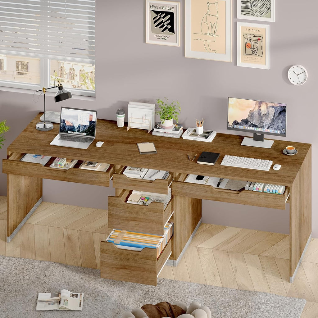 Two Person Desk with 5 Drawers, Double Desk with Storage for 2 People, 78 Inch Extra Long Computer Desk Workstation with File Drawer for Home Office, Brown