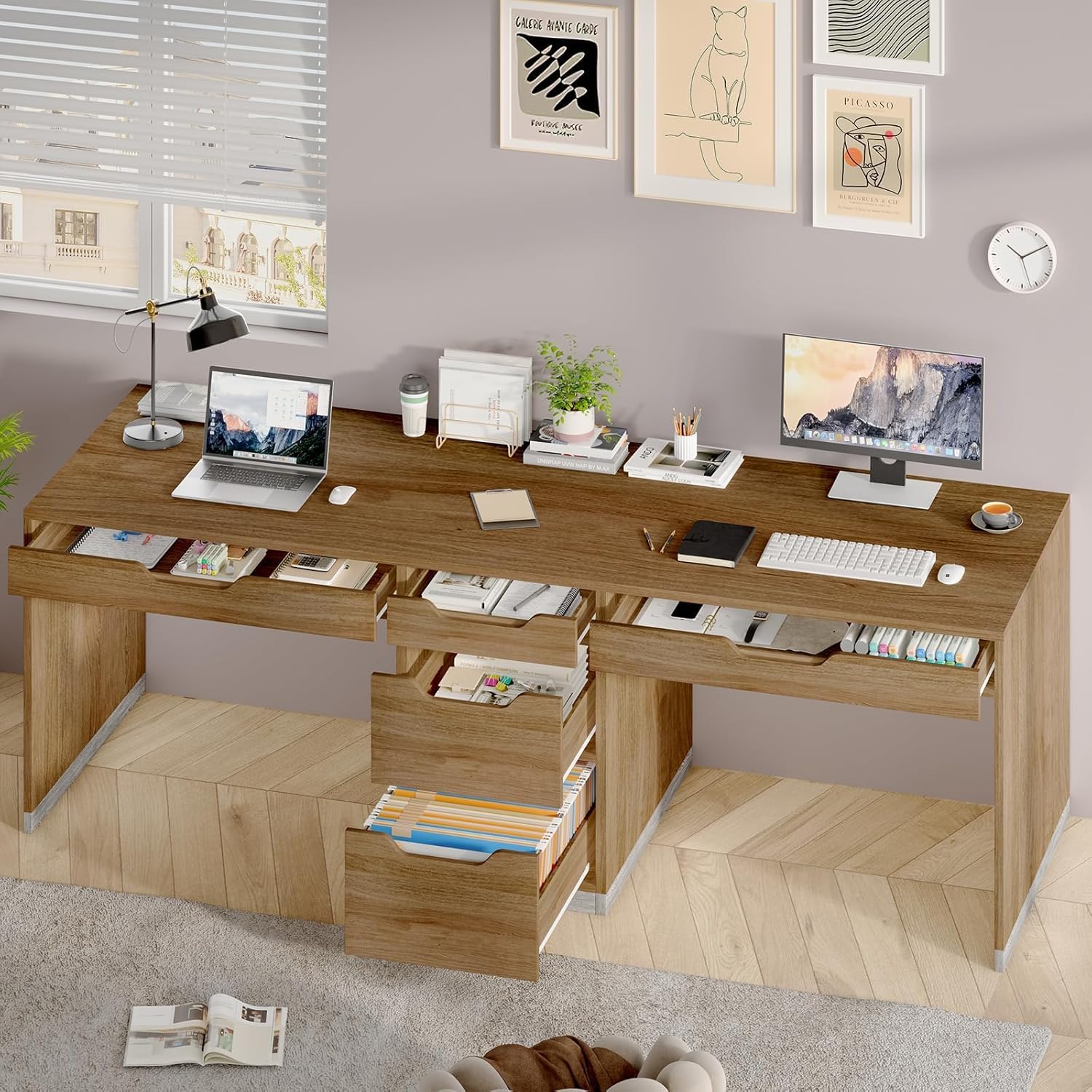 Two Person Desk with 5 Drawers, Double Desk with Storage for 2 People, 78 Inch Extra Long Computer Desk Workstation with File Drawer for Home Office, Brown