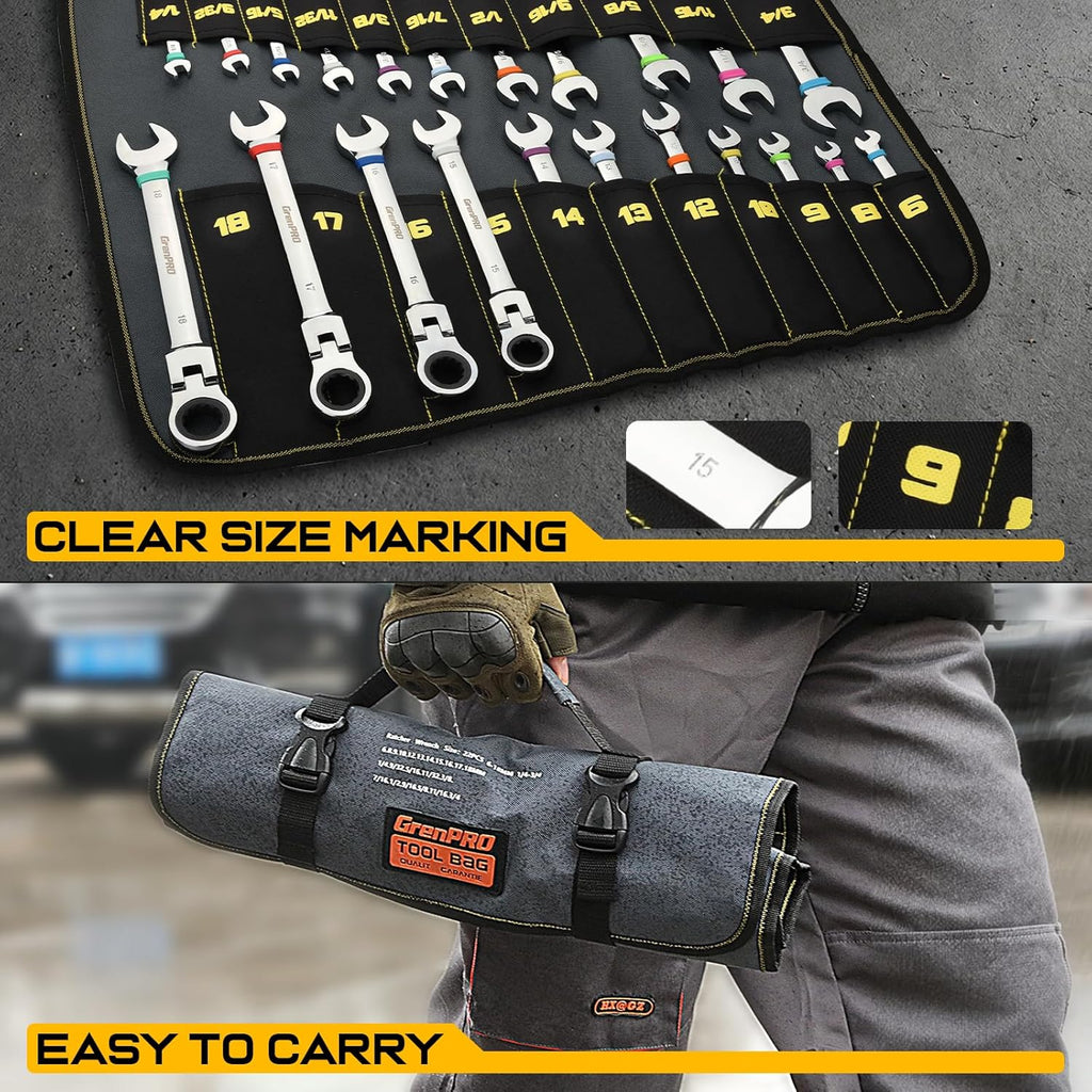 GRENPRO Ratchet Wrenches Set, 23PC Flex Head Ratcheting Wrench Set Metric and Standard & SAE, 6-18mm & 1/4" to 3/4" with Color Ring, CRV Open End Tool Organizer Pouch, Combination Ratchet Wrench Sets