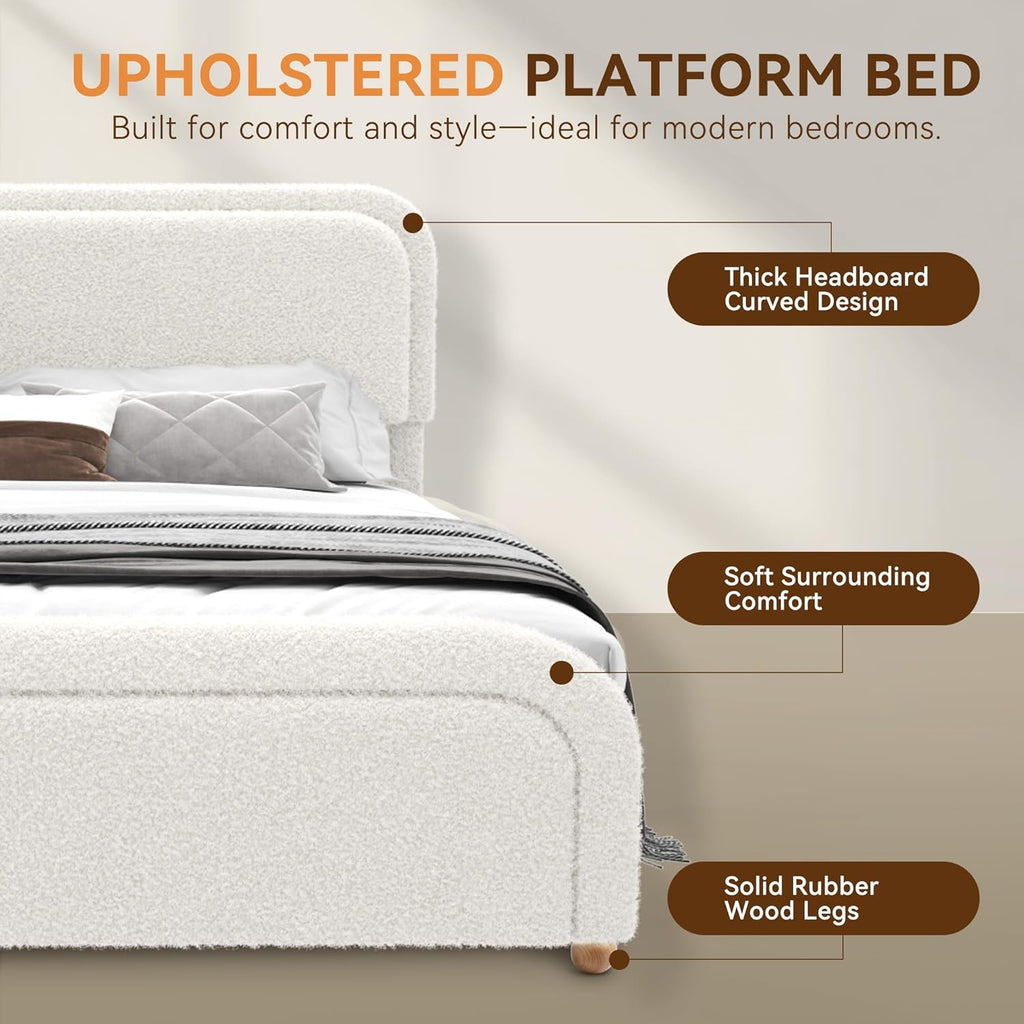 Cloud King Size Bed Frame, Boucle Upholstered Platform Bed with Adjustable Headboard, Anti-Collision Soft Rounded Corners, Metal Support, No Box Spring Required, Noise Free, Easy Assembly, Cream
