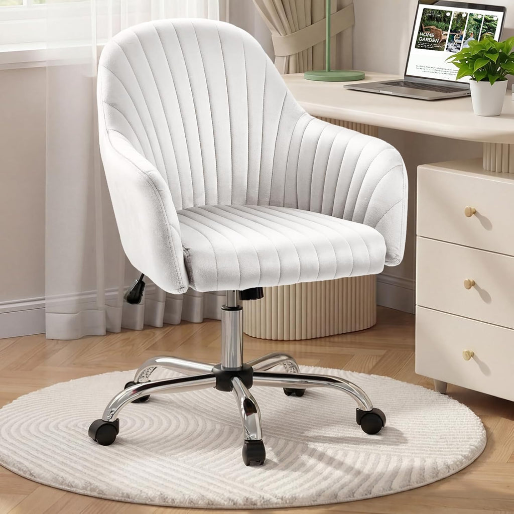 Warmiehomy Office Chair, Velvet Desk Chair for Home Office, Cozy Vanity Chair, Girl Cute Makeup Chair with Arm Rest for Bedroom Dressing Room (Cloud White)