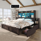 King Bed Frame with 49.6" Bookcase Headboard & 2 Bedside Stoage Racks & 4 Drawers, Farmhouse Wood Bed Frame with RGB LED & Charging Station, No Box Spring Needed, Black