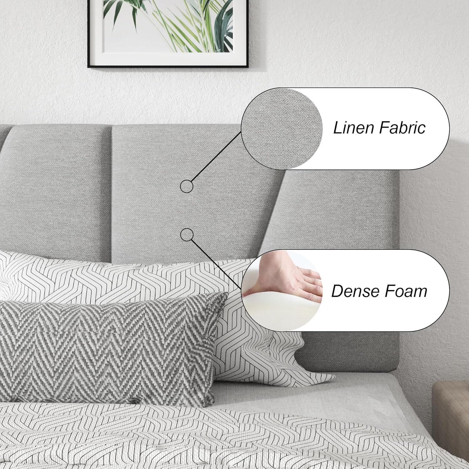 King Size Platform Bed Frame with Geometric Upholstered Headboard, Noise Free, Wooden Slats Support, No Box Spring Needed, Easy Assembly, Light Grey, Linen