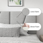 King Size Platform Bed Frame with Geometric Upholstered Headboard, Noise Free, Wooden Slats Support, No Box Spring Needed, Easy Assembly, Light Grey, Linen
