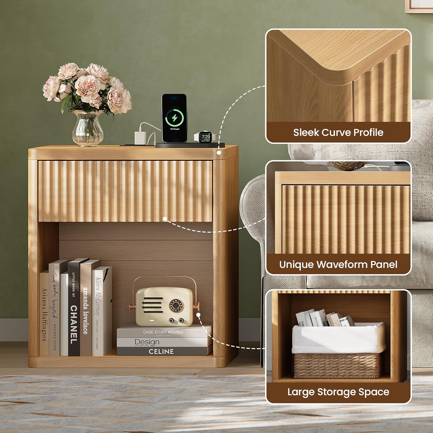 Fluted Nightstand Set of 2 with Charging Station, 21.7" Wide Modern Bedside Table with 1 Drawers Open Storage Cabinet, Wooden End Table for Bedroom, Natural Oak