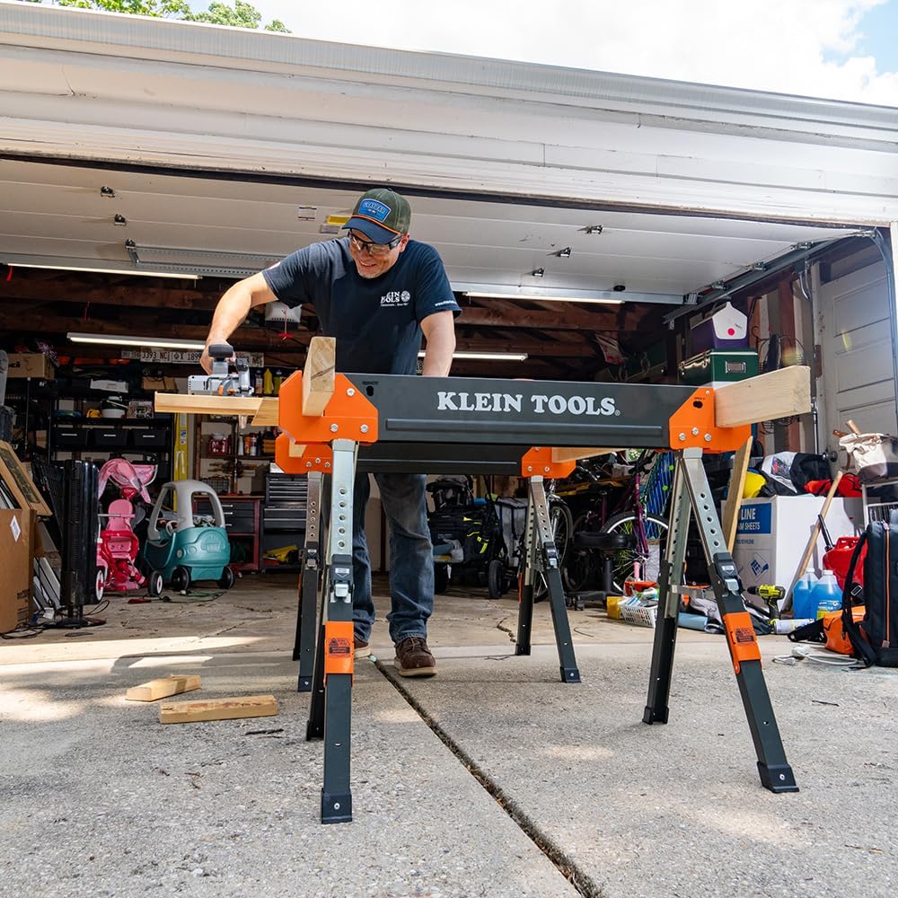 Klein Tools 80178 Folding Saw Horse, Adjustable 26 to 32-Inch Height, 2x4 Support Arms, Heavy Duty Jobsite Table, 2-Pack