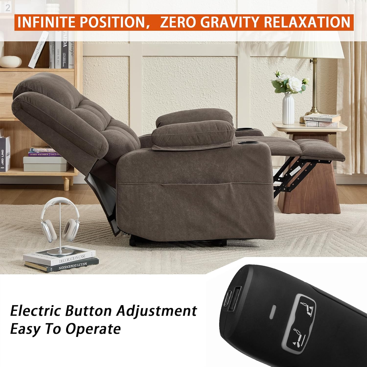 Electric Power Lift Recliner Chair Sofa with Massage and Heat for Elderly, USB and Type-C Ports, Cup Holders, Infinite Position (Brown, Regular)