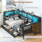 Hasuit Twin Corner Bed with Desk and Storage Bookcase, Daybed with 2 Drawers & 2 Storage Bins, Twin Size Platform Bed Frame with Charging Station and LED Light, Modern Teenagers Bedframe, Black