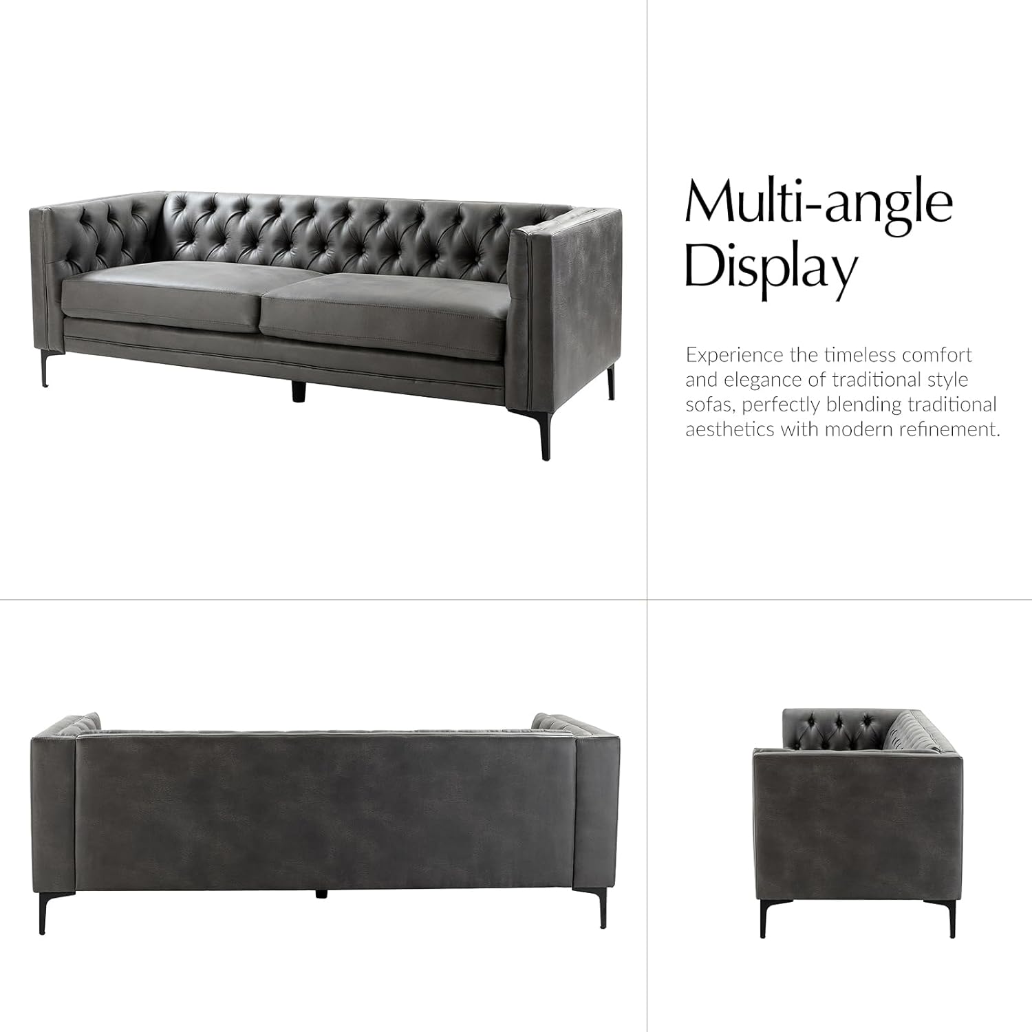 HULALA HOME 84" W Faux Leather Sofa Couch with Metal Legs, Button-Tufted 3-Seater Sofa, Mid Century Modern Contemporary Upholstered Couch for Living Room, Entertainment Area, Apartment,Grey
