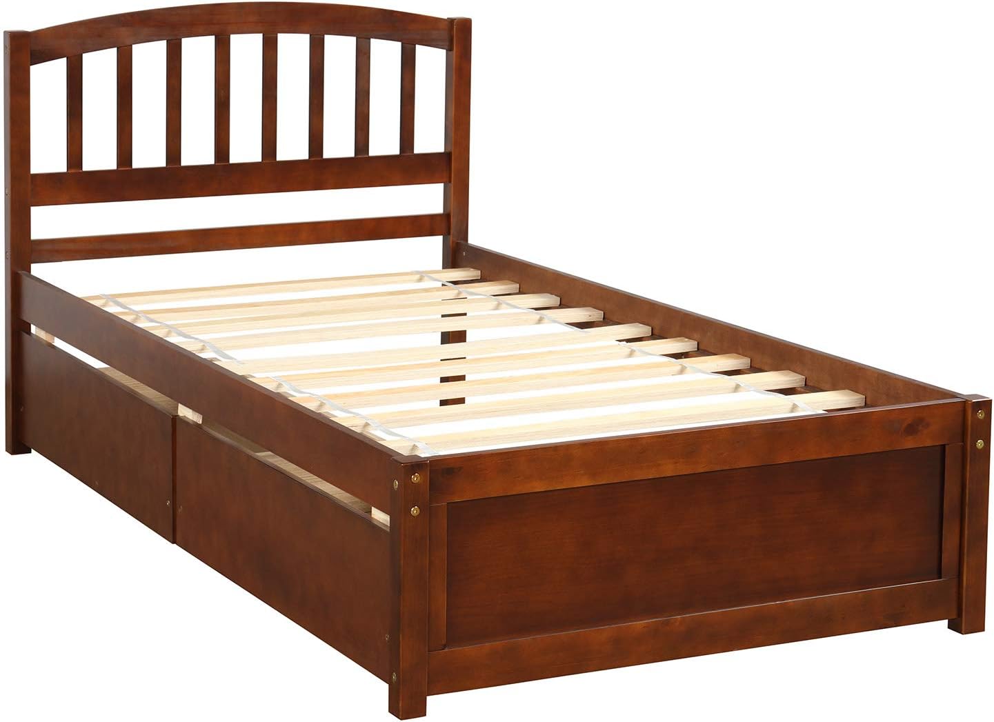 Harper & Bright Designs Twin Bed Frame with Storage, Wood Platform Bed with 2 Drawers and Headboard (Walnut)