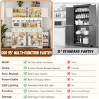 71" Tall Large Pantry Storage Cabinet w/Power Outlet,55" Wide Farmhouse Kitchen Hutch Storage Cabinet w/Barn Doors,2 Drawer,Large Countertop,LED Light,Rustic Coffee Bar,6 Hooks,8 Doors Shelves
