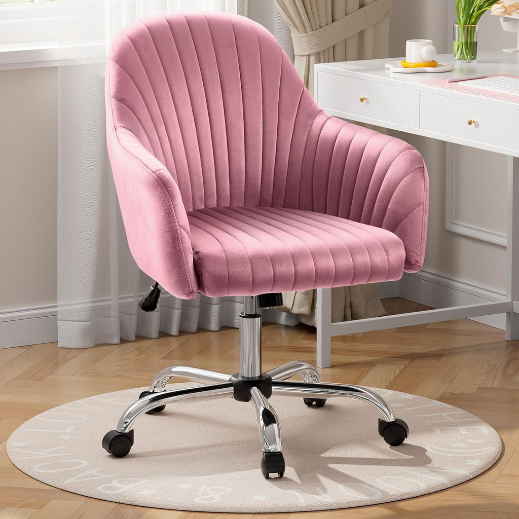 Warmiehomy Office Chair, Velvet Desk Chair for Home Office, Cozy Vanity Chair, Girl Cute Makeup Chair with Arm Rest for Bedroom Dressing Room (Dusty Rose)