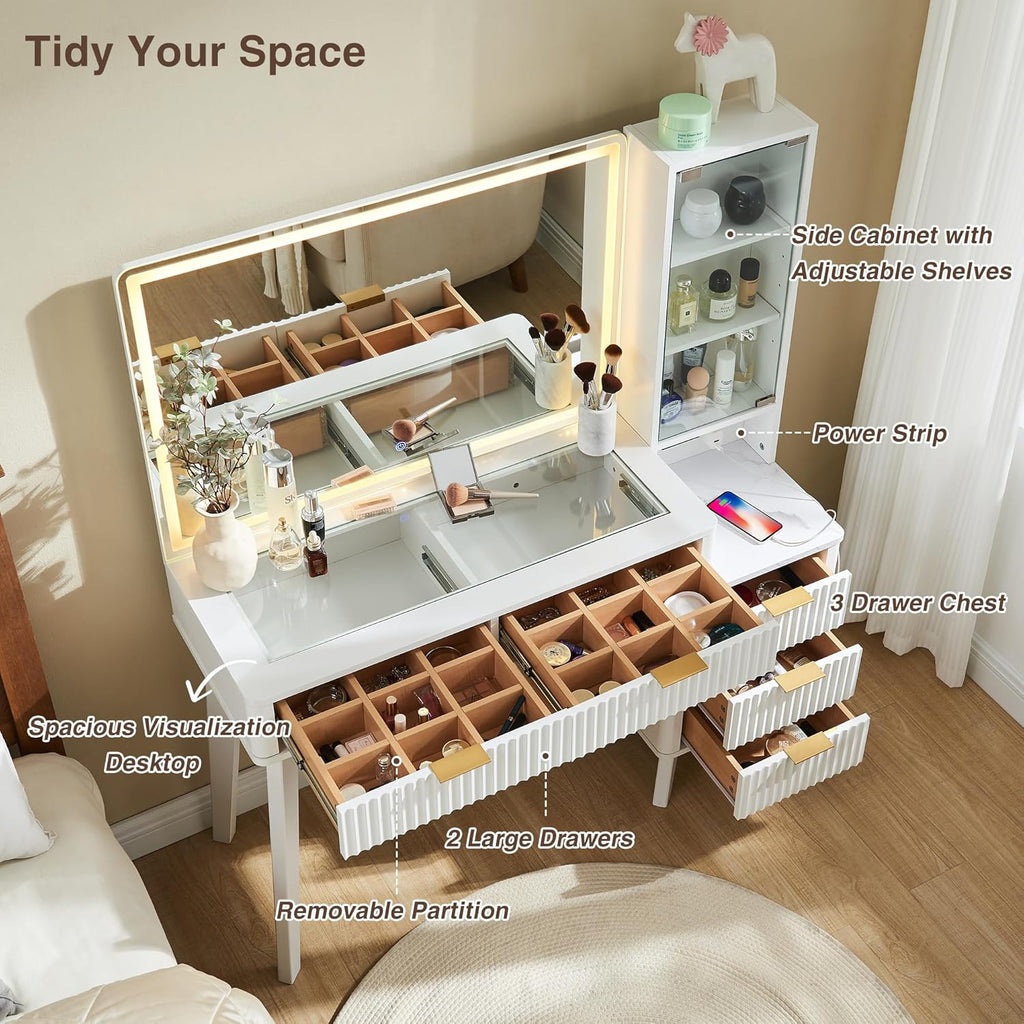 T4TREAM 48" Fluted Makeup Vanity Desk with Large 36" Mirror and Lights, Modern Glass Top Big Vanity Table with 5 Drawers & Adjustable Shelves, Dressing Table Set w/Charging Station for Bedroom, White