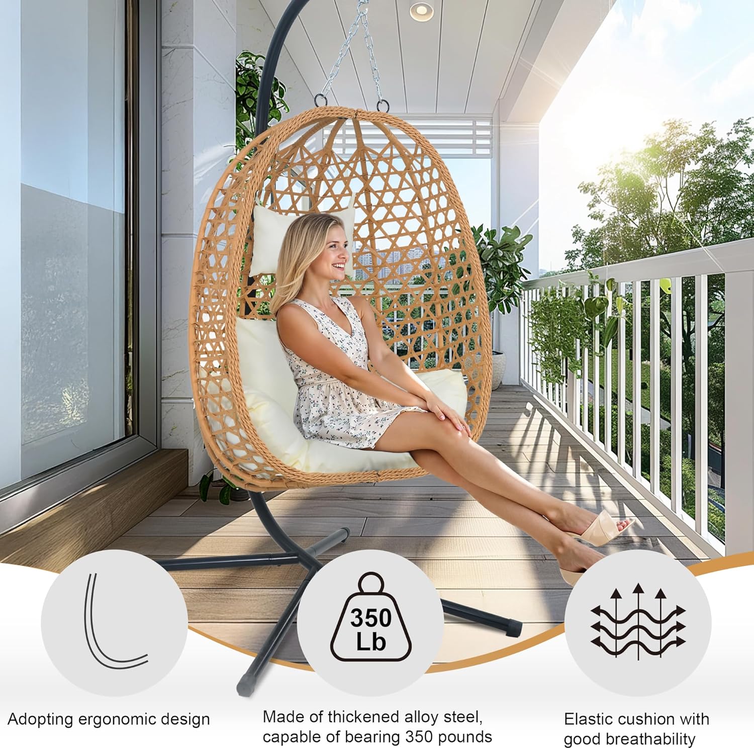 Hanging Egg Chair with Stand & Cushions - All-Weather Rattan Swing Chair for Patio, Balcony, Garden (Modern Boho Design, Ready-to-Use Indoor Outdoor)-Beige