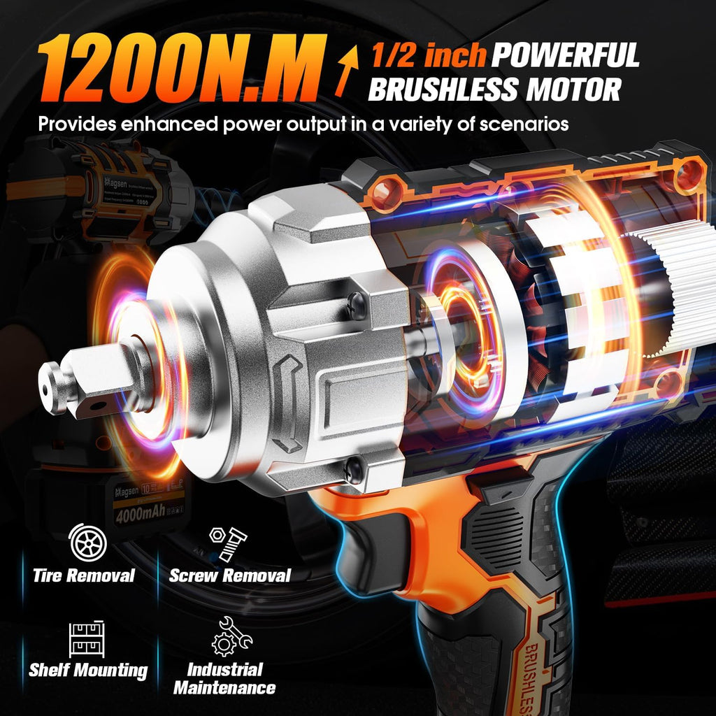1/2" Cordless Impact Wrench, 900Ft-lbs (1200N.m) Brushless High Torque Impact Gun,3800RPM,3 Variable Speeds,LED Light,2x4000mAh Battery, 5 Sockets,Electric Impact Gun for Car/Mower/Pickup