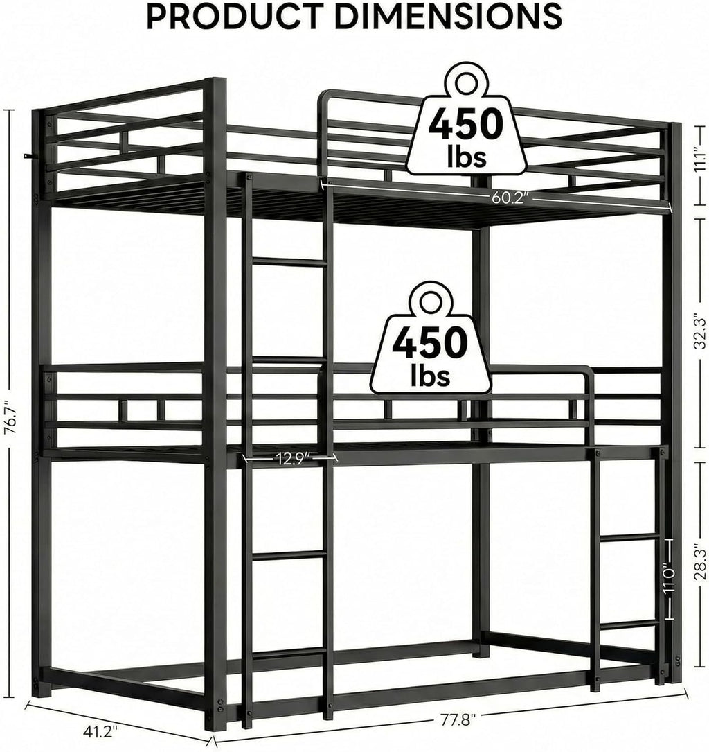 LIKIMIO Triple Bunk Bed, Bunk Bed Twin Over Twin Over Twin, Triple Bunk with 2 Ladders, Metal Bed Frame with Guardrails for Bedroom, No Box Spring Needed, Black
