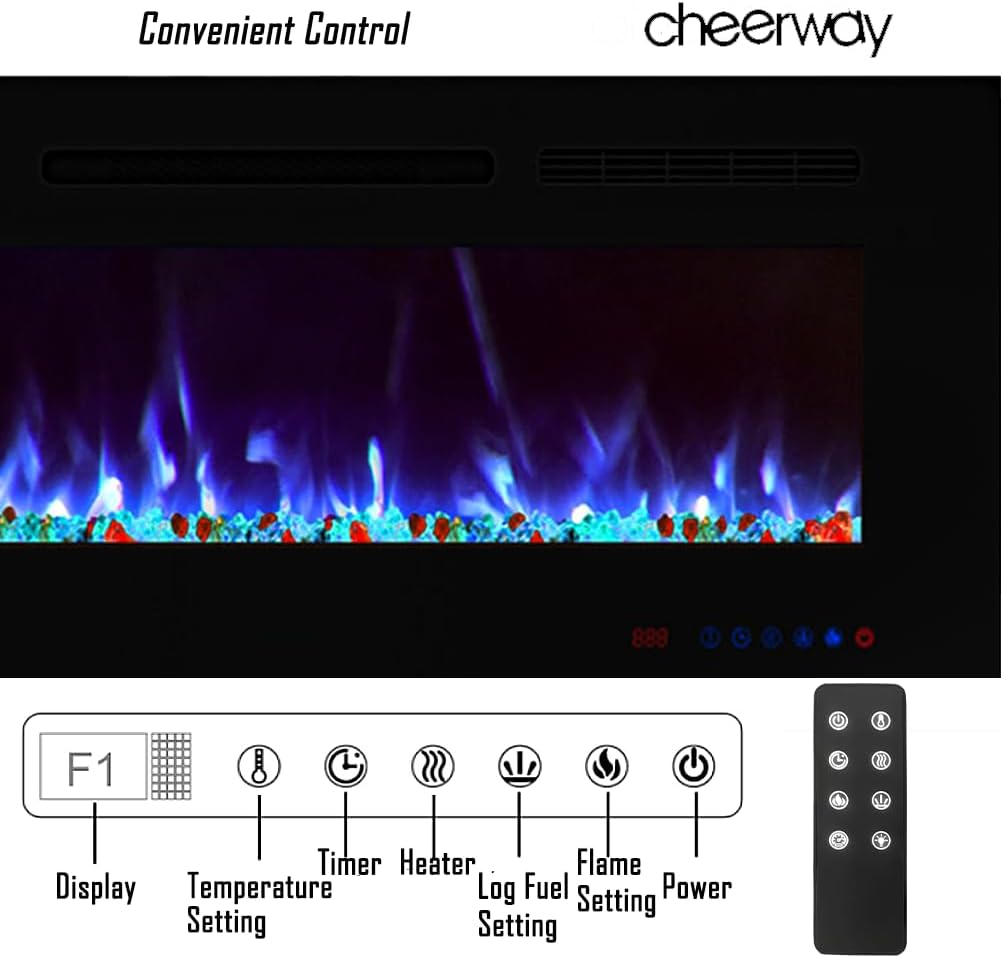 Cheerway 72 inch Ultra-Thin Electric Fireplace Heater, Wall Mounted & Recessed Electric Fireplace Insert, Linear Fireplace w/Thermostat, 13×13 Flame Color, Remote & Touch Control w/Timer, 750W/1500W