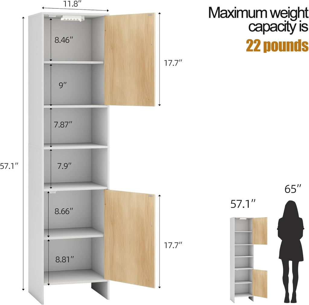 Tall Storage Cabinet, 13.15 Inch Narrow Bathroom Cabinet with USB Magnetic Light, Open Shelf, Magnetic Doors, 2 Adjustable Shelves, Anti-Tip Kit for Small Spaces, Living Room, White, 57.1" H