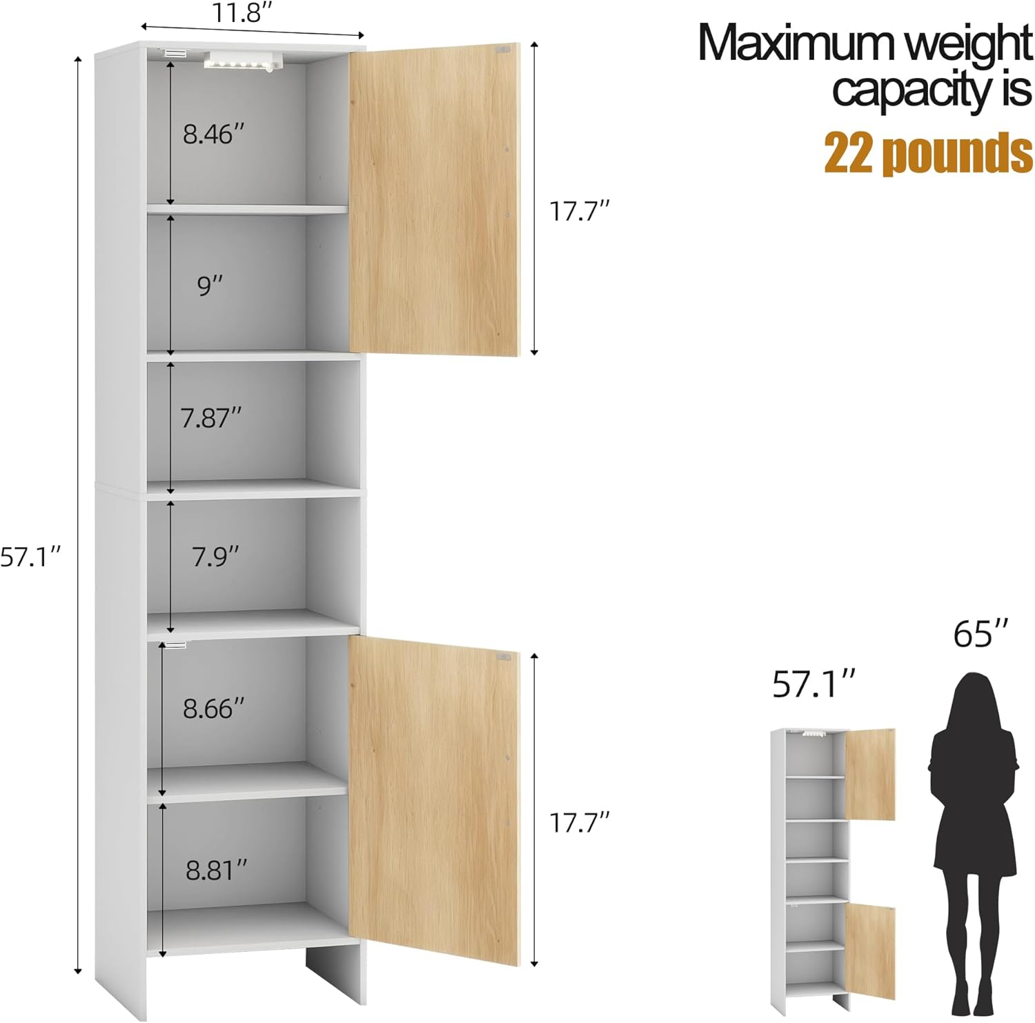 Tall Storage Cabinet, 13.15 Inch Narrow Bathroom Cabinet with USB Magnetic Light, Open Shelf, Magnetic Doors, 2 Adjustable Shelves, Anti-Tip Kit for Small Spaces, Living Room, White, 57.1" H