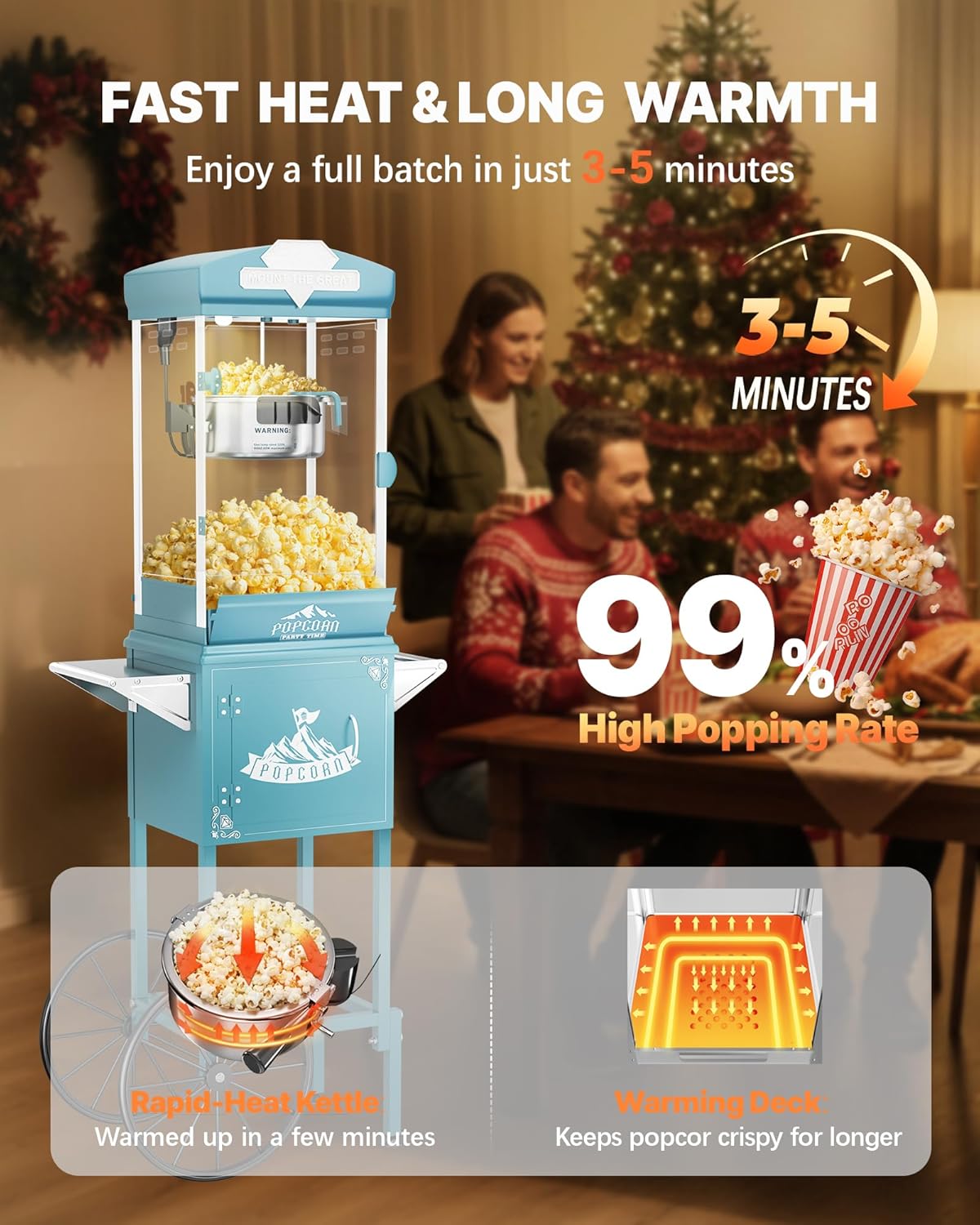 10 oz Popcorn Machine Cart, Popcorn Maker Machine with Wheel & Stainless-Steel Kettle Makes Up to 40 Cups, Vintage Movie Theater Style Pop Corn Machine, Cyan