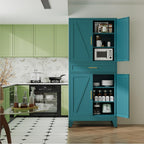 QINPTWUT 71" Farmhouse Pantry Cabinet in Blue, with 4 Doors & Center Drawer, Tall Food Cabinet with Adjustable Shelves, Freestanding Steel Cupboard for Kitchen, Dining Room, Pantry, Garage