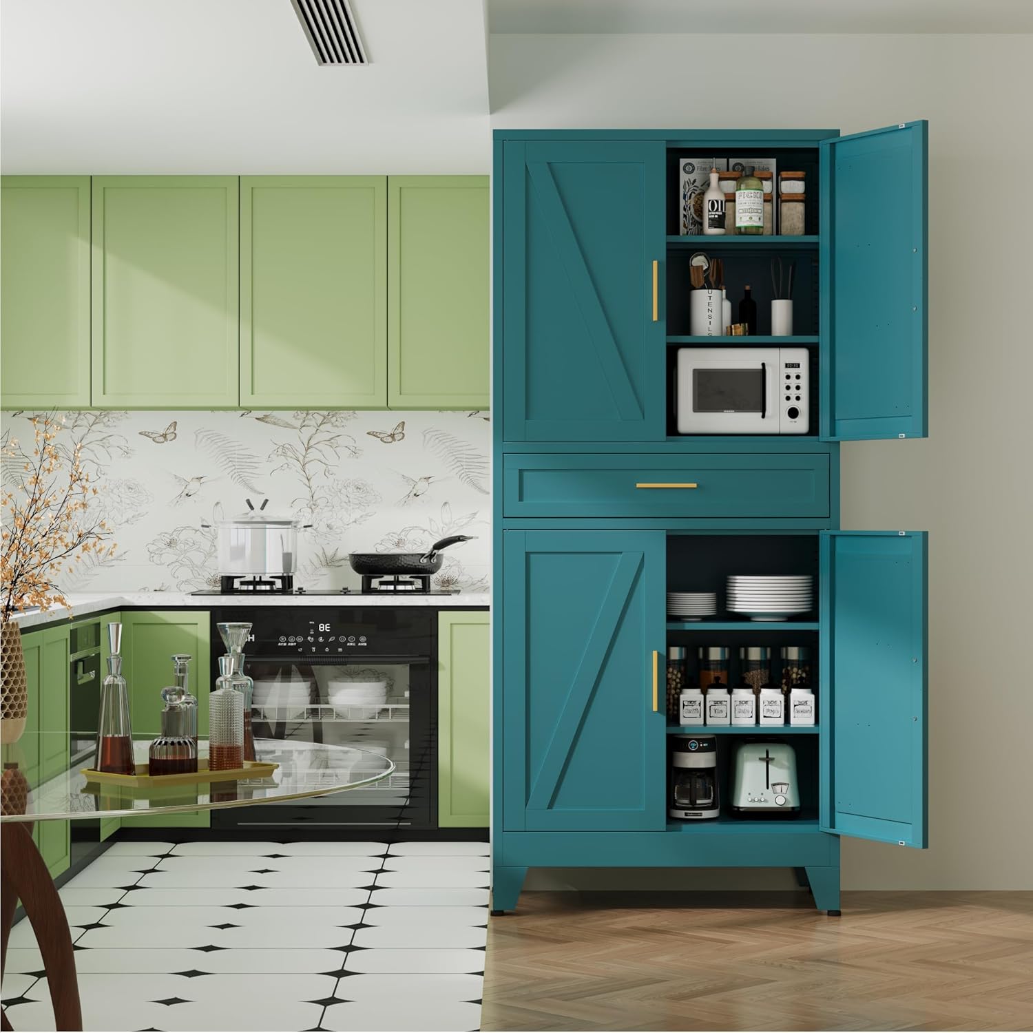 QINPTWUT 71" Farmhouse Pantry Cabinet in Blue, with 4 Doors & Center Drawer, Tall Food Cabinet with Adjustable Shelves, Freestanding Steel Cupboard for Kitchen, Dining Room, Pantry, Garage