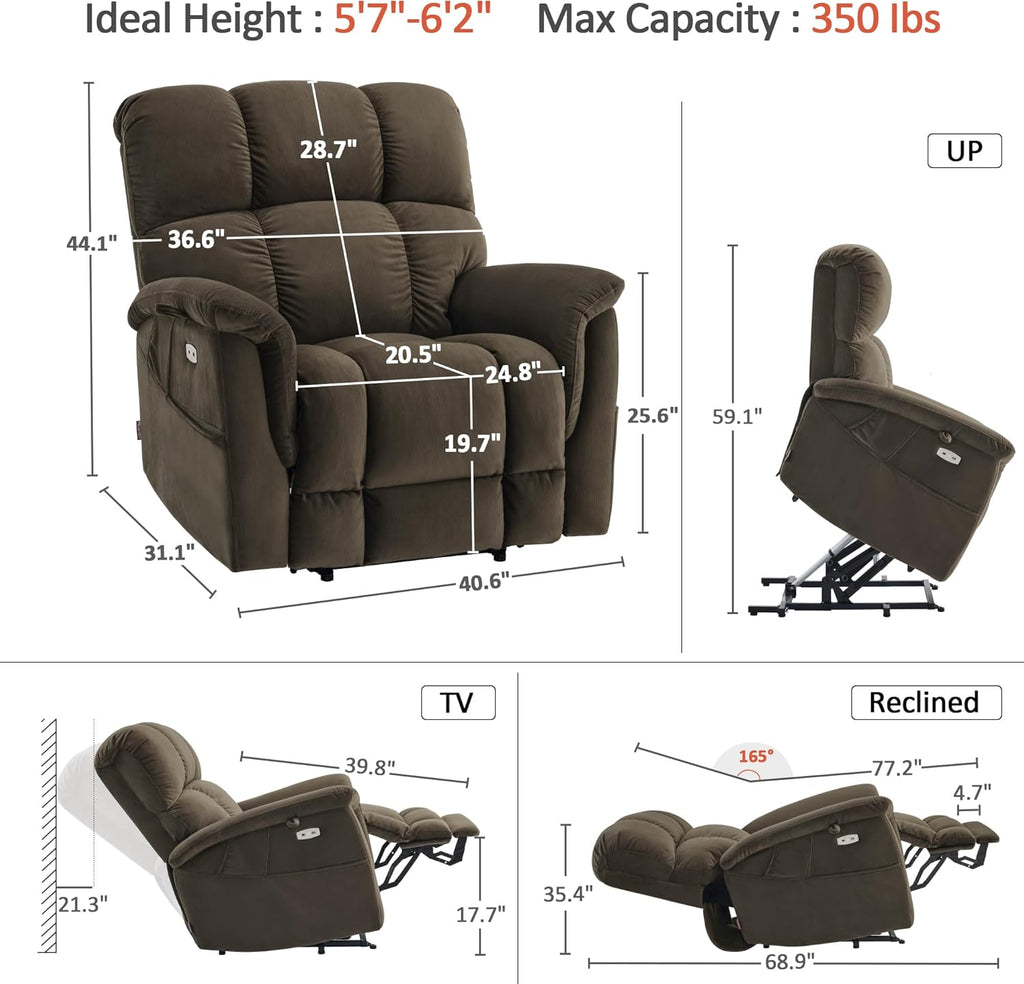 MCombo Large-Wide Dual Motor Power Lift Recliner Chair, Massage and Dual Heating for Elderly People, Infinite Position, Fabric R7166 (Coffee)