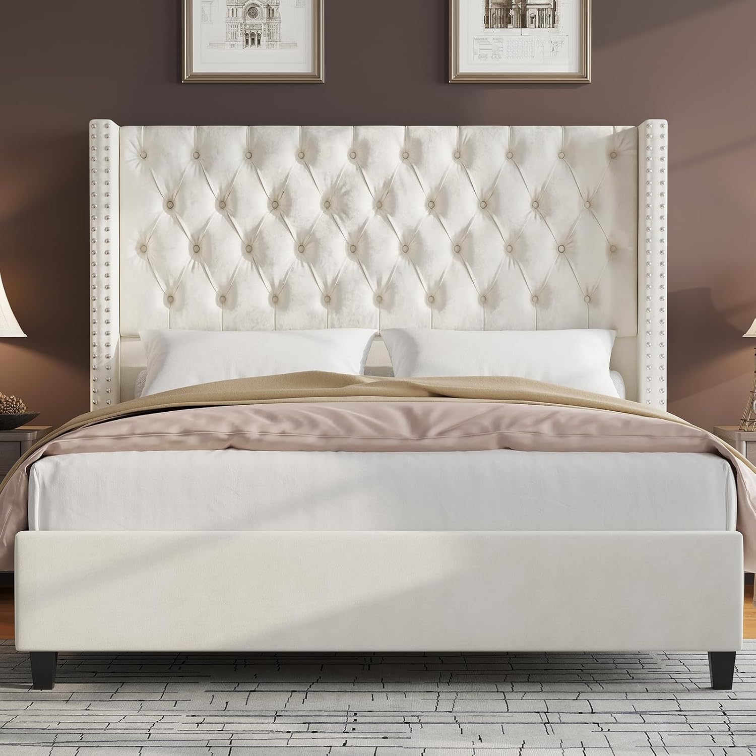 Jocisland King Upholstered Bed Frame with Tall Headboard Wingback Platform Bed Tufted Deep Button Velvet/No Box Spring Needed/Easy Assembly/Cream