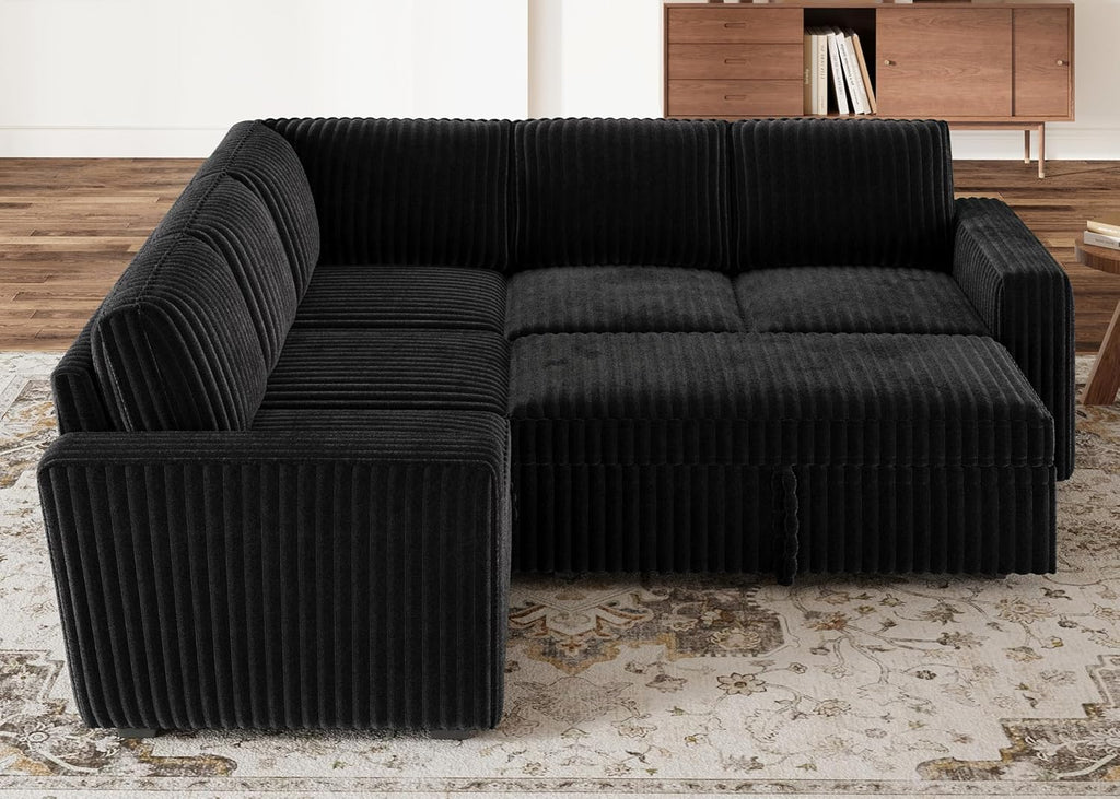 HONBAY Modular Sectional Sleeper Sofa with Pull Out Bed,Corduroy L Shaped Couch with Storage, Sectional Couches for Living Room,Black