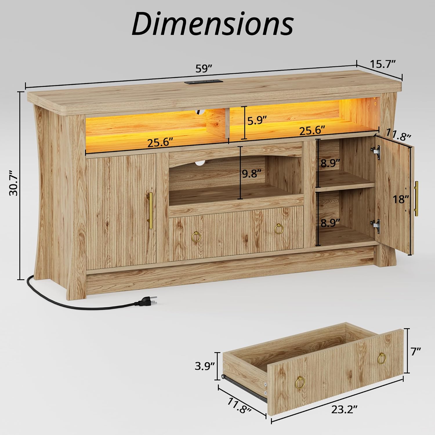 LIKIMIO TV Stand for TVs 65 inch, Entertainment Center with Power Outlet and Led Lights, TV Console with Storage Cabinets and Drawer, Farmhouse TV Stands for Living Room