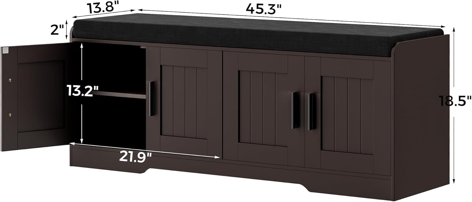 Homleke 2-Tier Storage Bench, Shoe Bench with Thickened Padded Seat Cushion, Entryway Bench with 4 Doors, Adjustable Shelf, 13.8" D x 45.3" W x 18.5" H, for Entryway, Living Room, Bedroom, Brown