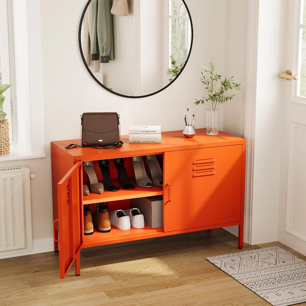 Orange Metal Storage Cabinet with 2 Doors and Adjustable Shelves, Multipurpose Metal Locker Accent Cabinet, 25" H TV Stand, Media Cabinet for Home, Office, Living Room,Kitchen, Music Studio