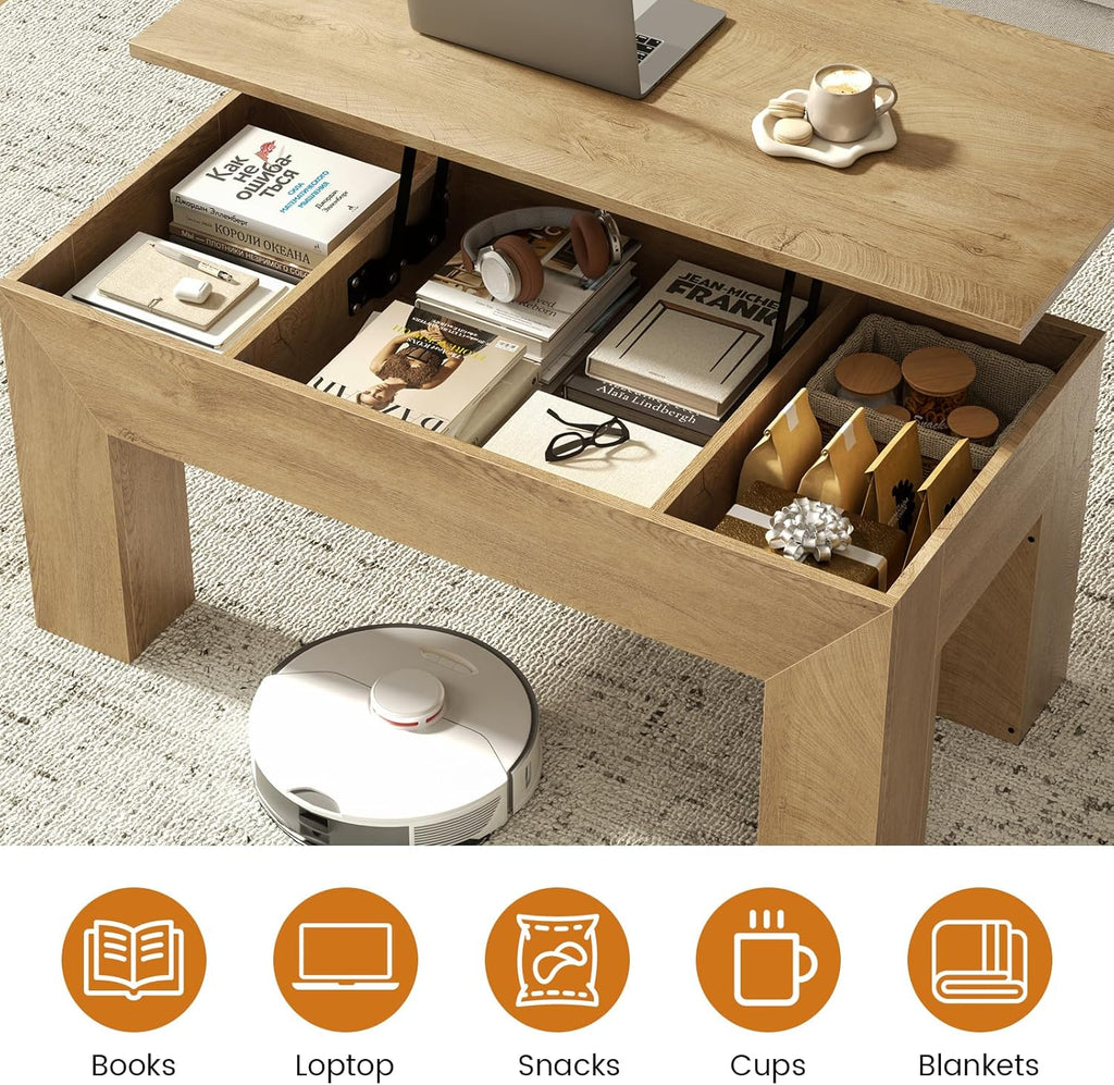 FABATO 41.7'' Lift Top Coffee Table, Wooden Rectangle Coffee Table with Hidden Storage, Large Center Table Adjustable Height Sofa Table for Living Room Office Apartment, Wood