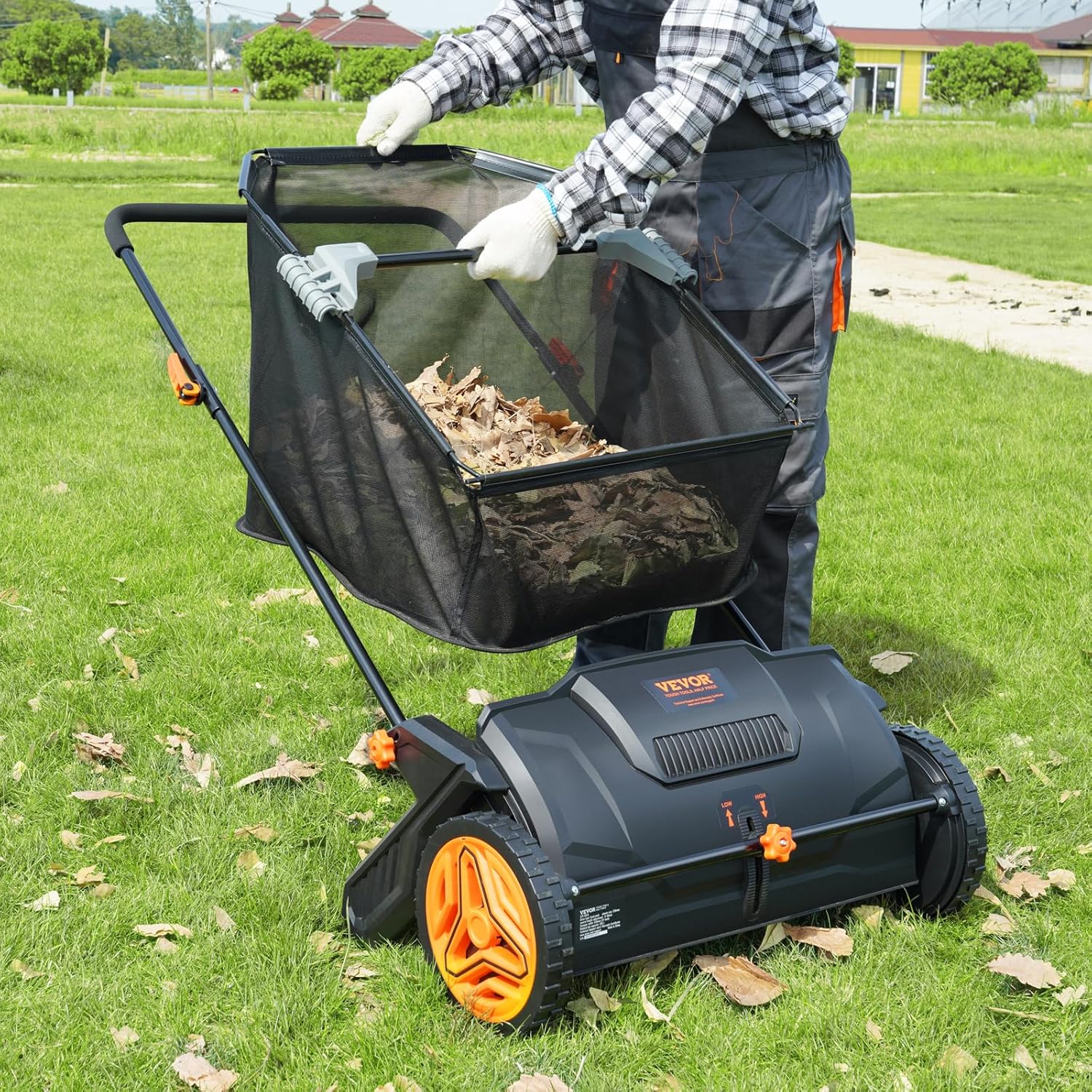VEVOR Push Lawn Sweeper, 21inch Leaf & Grass Collector, Heavy Duty Thickened Steel Durable to Use with Large Capacity 3.5 cu. ft. Mesh Collection Hopper Bag, 2 Spinning Brushes