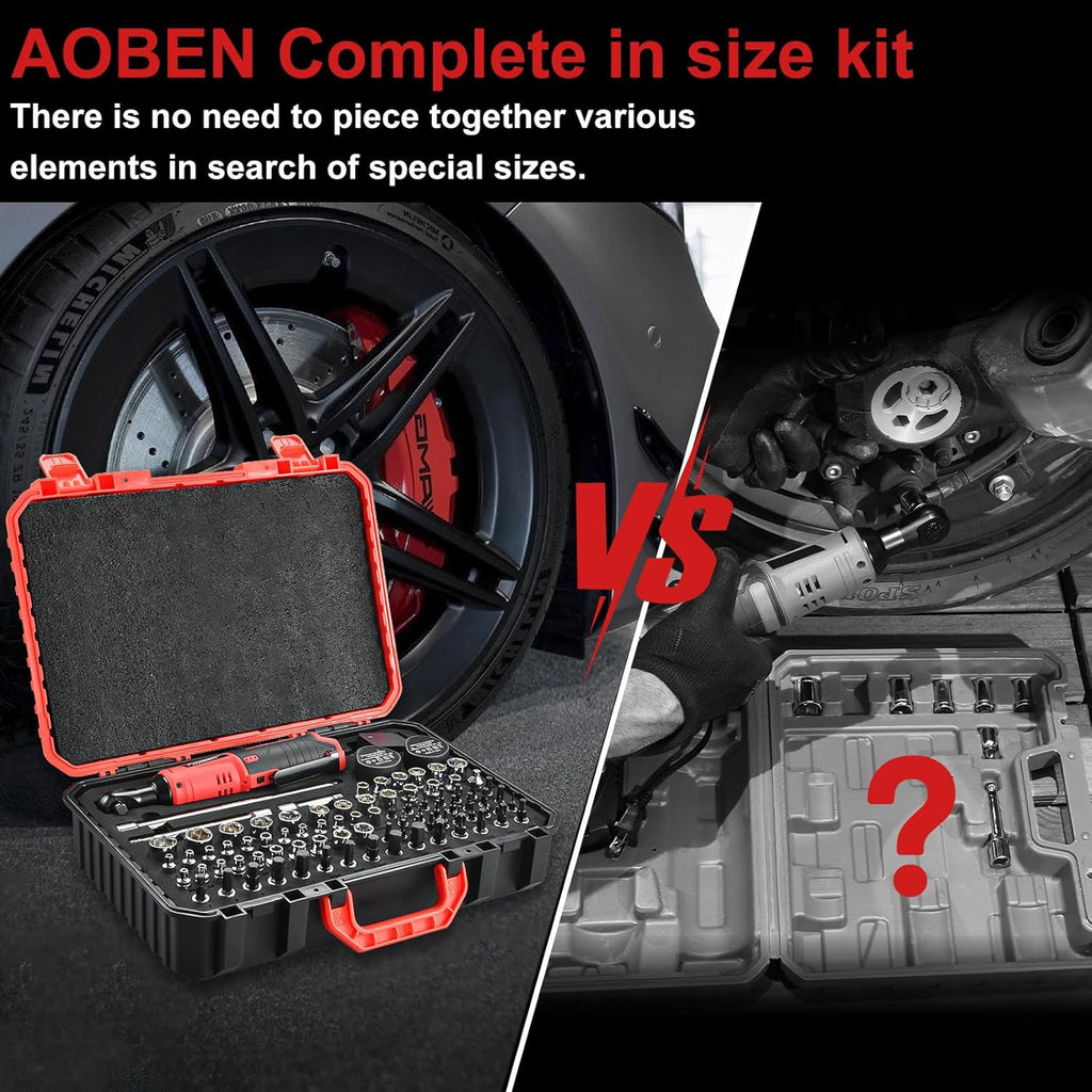AOBEN Cordless Electric Ratchet Wrench with 83pc 1/4" to 3/8" impact sockets set,12V Electric Wrench with Variable Speed,3/8" to 1/4" Adapter, 3" Extension Bar