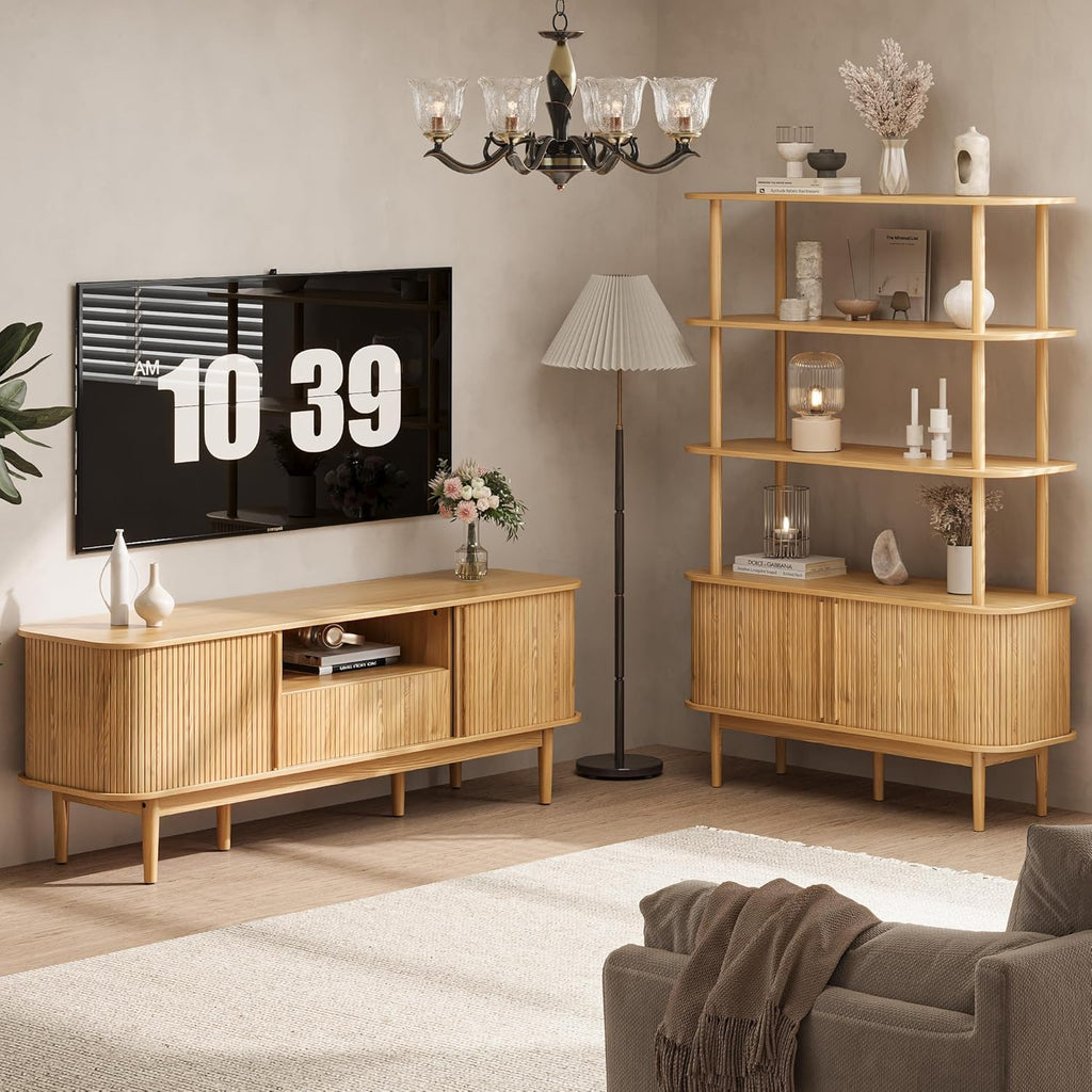 63" Tambour TV Stand, Fluted TV Stand for TVs up to 70'', Modern Entertainment Center with Storage, Wood Media Console with Sliding Doors for Living Room, Natural