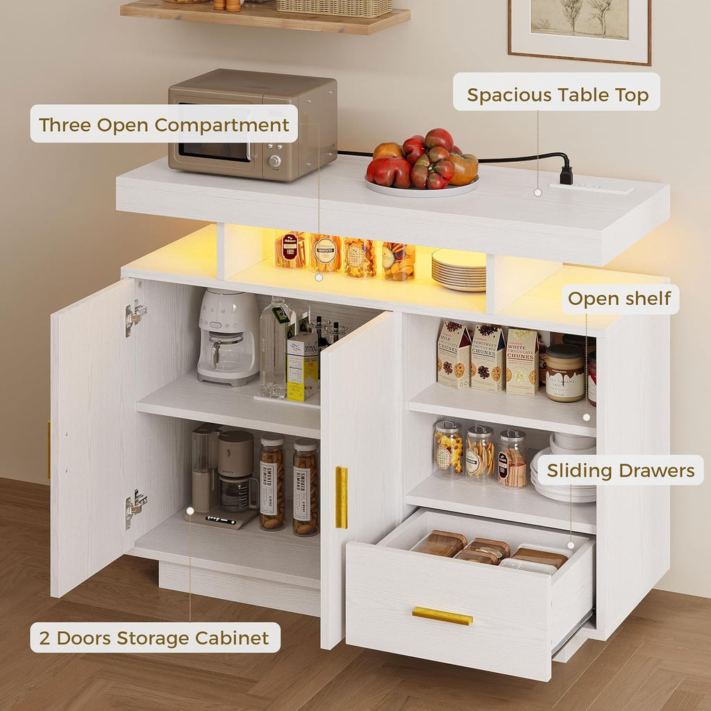 IRONCK Buffet Cabinet, Coffee Bar Cabinet with Power Outlet and LED Light, Sideboard with Drawer, Storage Cabinet with Doors and Shelves for Kitchen, White